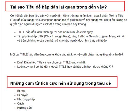 Các tiêu đề phụ đặt trong thẻ H2 của các phân nhóm